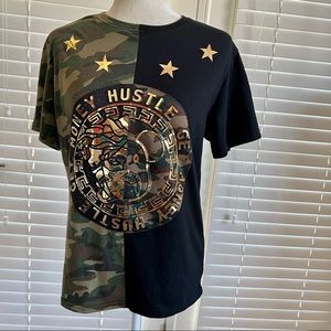 Krisp NYC Kids XL 18-20 Green Black Camo T-Shirt Gold Get Money Hustle Print